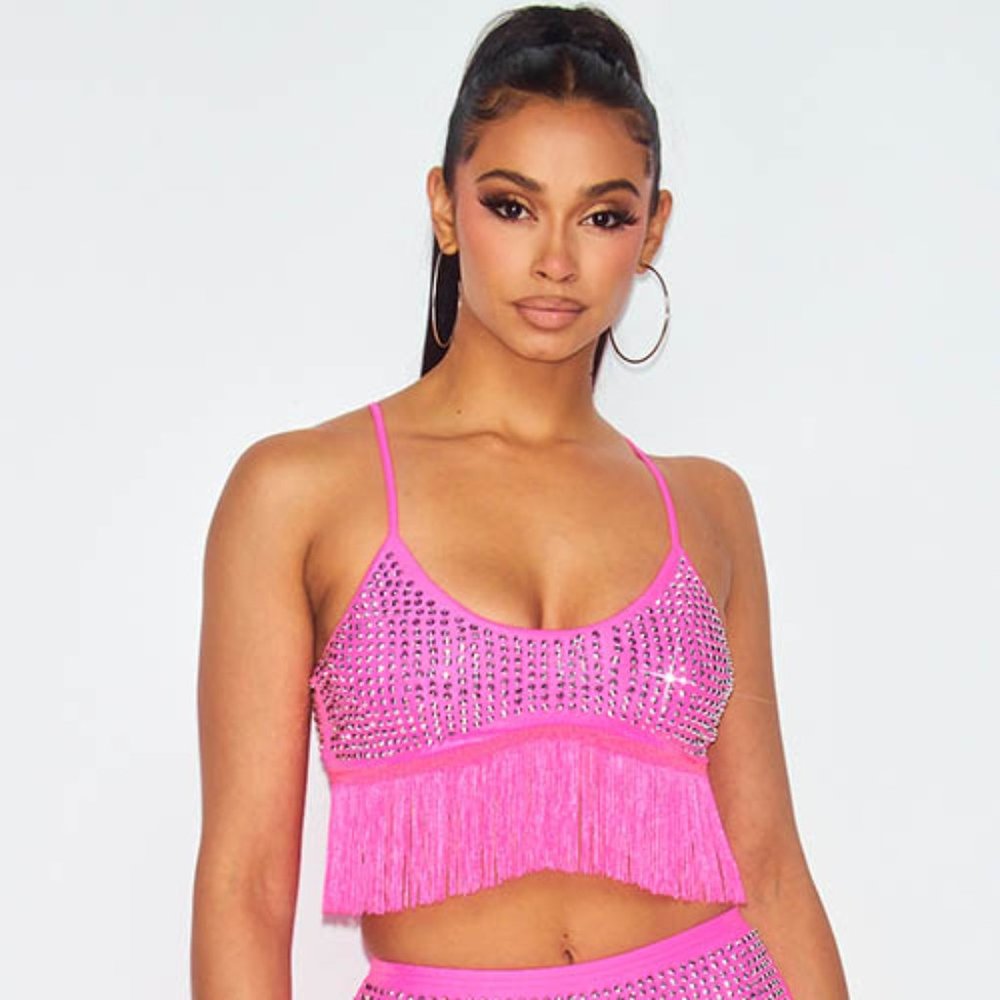 Dollhouse Disco Rhinestone Fringe Crop Top